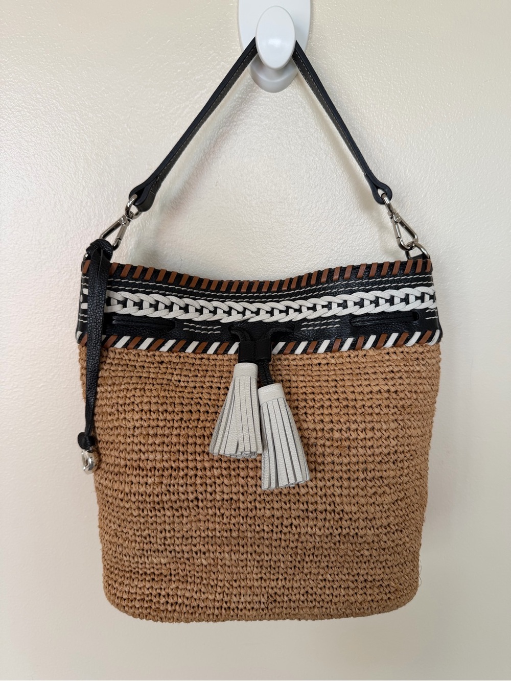 BRIGHTON Raffia Leather Whipstitch Tassel Shoulder Bag with Crossbody Strap